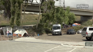 Homeless encampments can be see along freeways in National City.